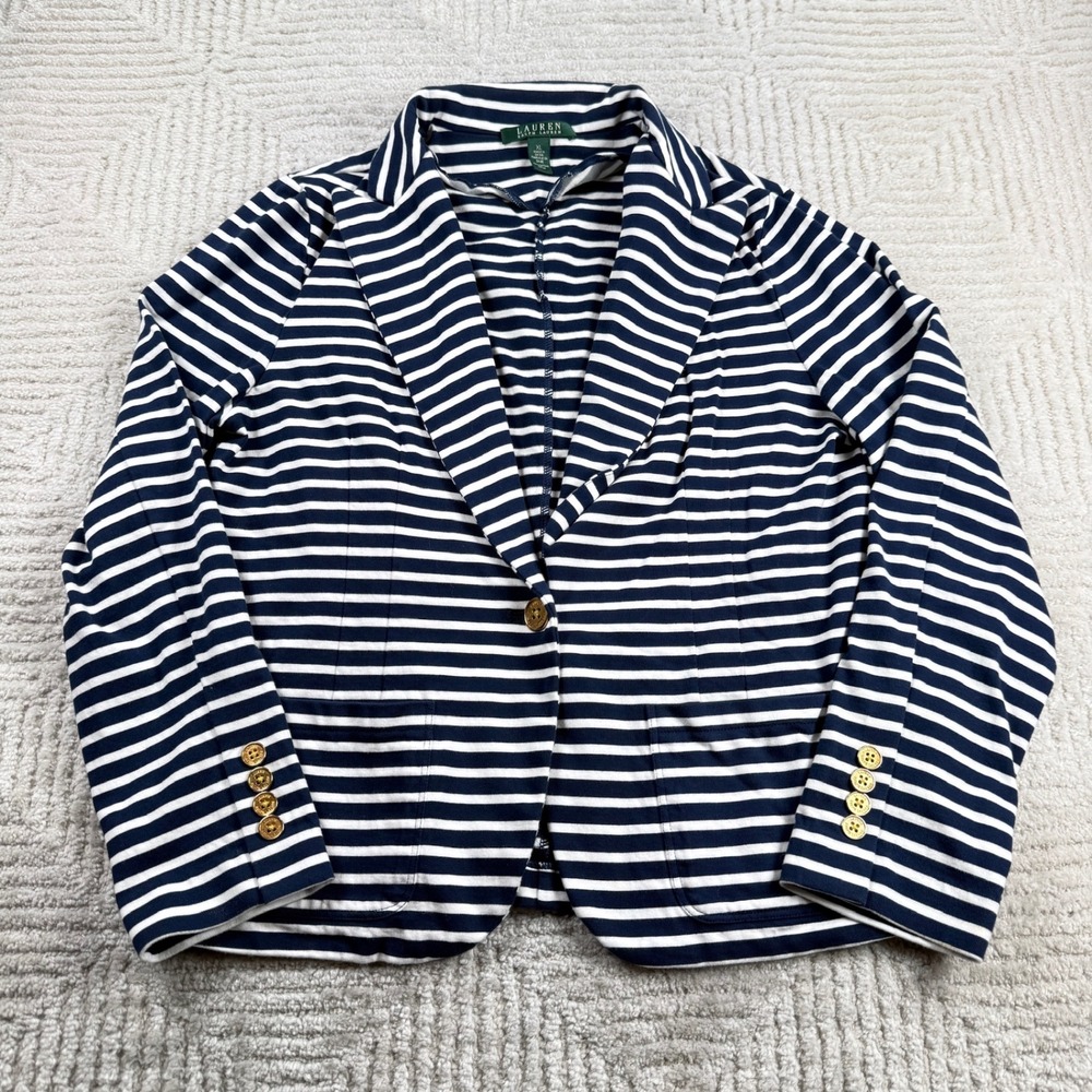 Lauren Ralph Lauren Knit Blazer Women's XL Navy Blue Striped Gold Button Preppy